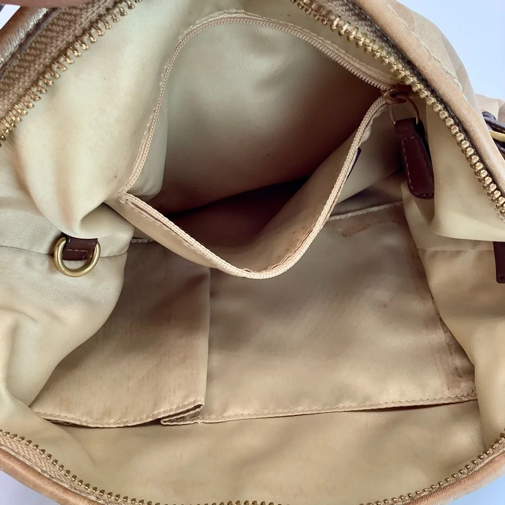 COACH Signature Tan Sateen Hobo Shoulder Bag with Metal Hang Tag